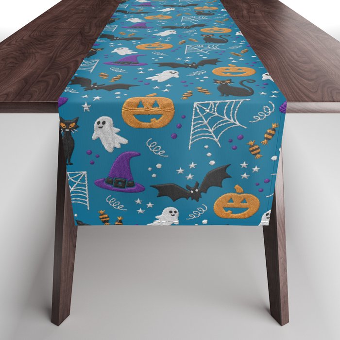 Halloween party illustrations teal modern realistic embroidery Table Runner