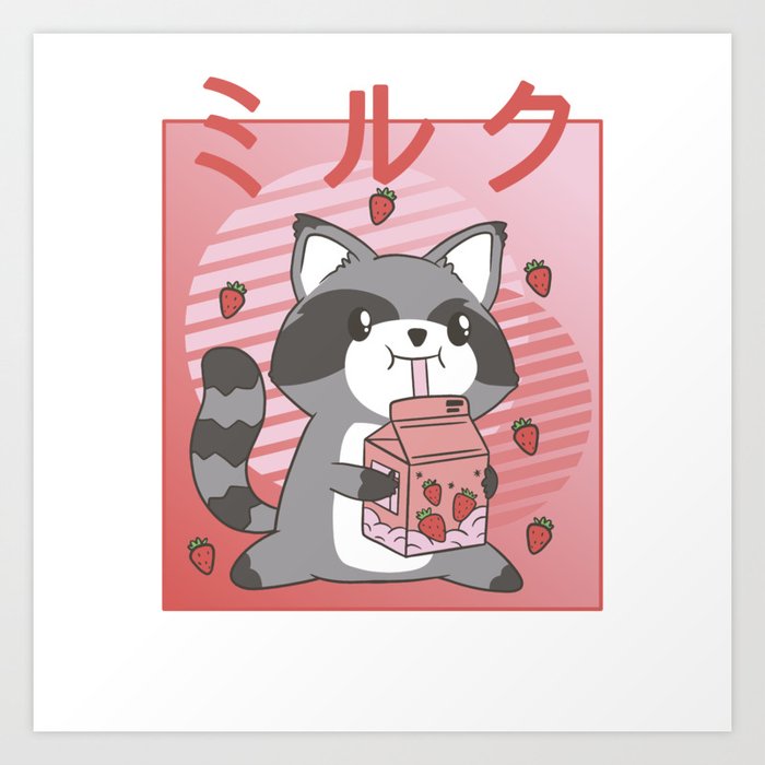 Raccoon Strawberry Milk Retro Kawaii Japan Art Print