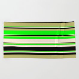 [ Thumbnail: Dark Khaki, Lime, Beige, and Black Colored Striped Pattern Beach Towel ]