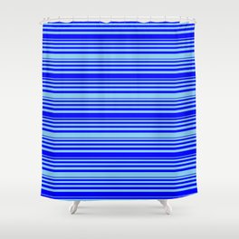 [ Thumbnail: Blue and Sky Blue Colored Pattern of Stripes Shower Curtain ]