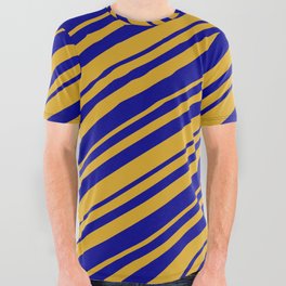 [ Thumbnail: Goldenrod & Dark Blue Colored Lined/Striped Pattern All Over Graphic Tee ]