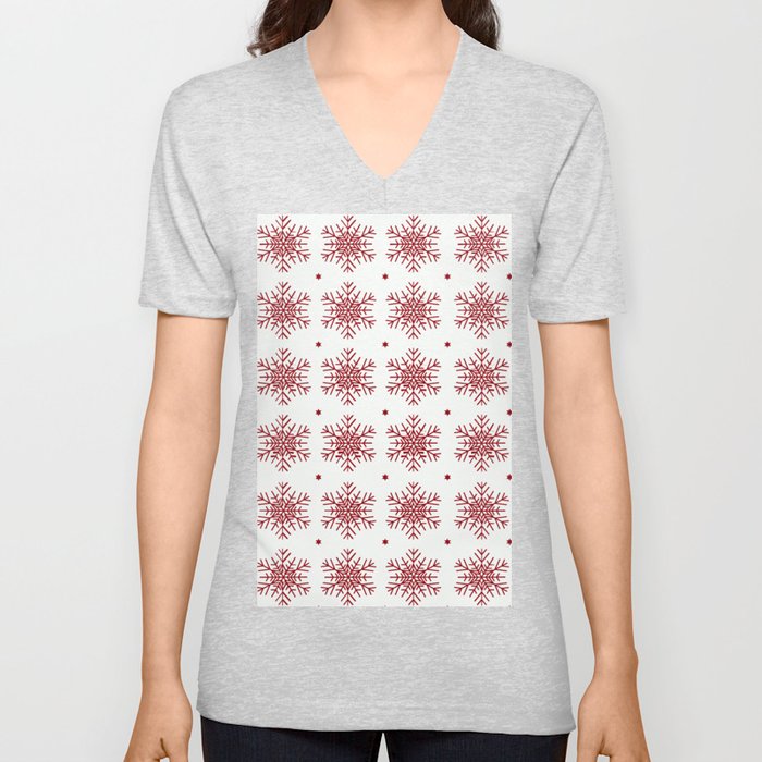 Christmas Pattern Modern Red Snowflake Floral V Neck T Shirt