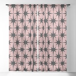 Atomic Age 1950s Retro Starburst Pattern in Black and 50s Dusty Blush Pink Sheer Curtain
