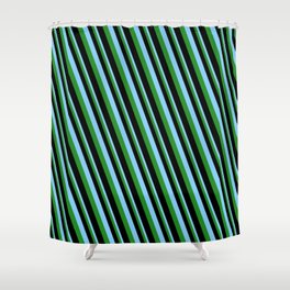 [ Thumbnail: Light Sky Blue, Forest Green & Black Colored Pattern of Stripes Shower Curtain ]