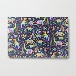 Rainbow color Cheerful Dinosaurus World - bluebg Metal Print