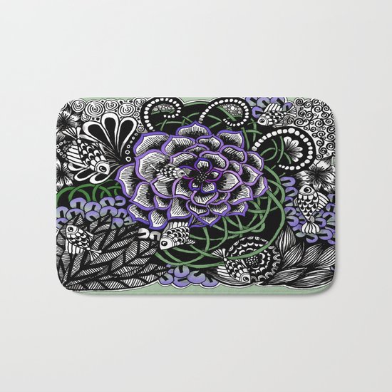 Fishes on a Coral Reef Greens - Zentangle Illustration Bath Mat