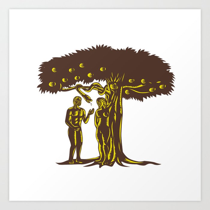 Adam and Eve Apple Serpent Woodcut Art Print