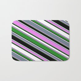 [ Thumbnail: Vibrant Slate Gray, Violet, Forest Green, Black, and White Colored Stripes Pattern Bath Mat ]
