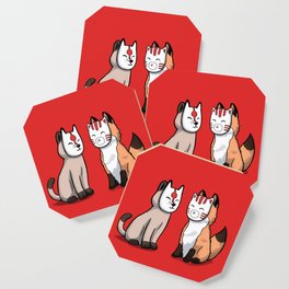 Cat and fox wearing japanese mask Coaster