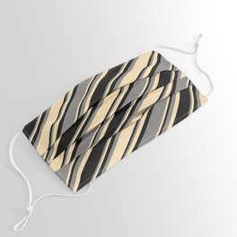 [ Thumbnail: Black, Grey & Beige Colored Striped Pattern Face Mask ]