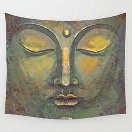 Rusty Golden Buddha Face - Zen and Balance Watercolor Painting Wall Tapestry