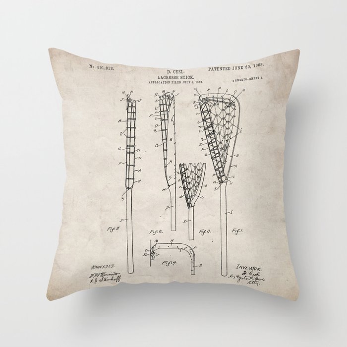 Lacrosse Stick Patent - Lacrosse Player Art - Antique Throw Pillow