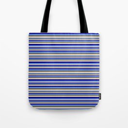 [ Thumbnail: Beige, Dark Blue, Cornflower Blue, and Dim Gray Colored Stripes Pattern Tote Bag ]