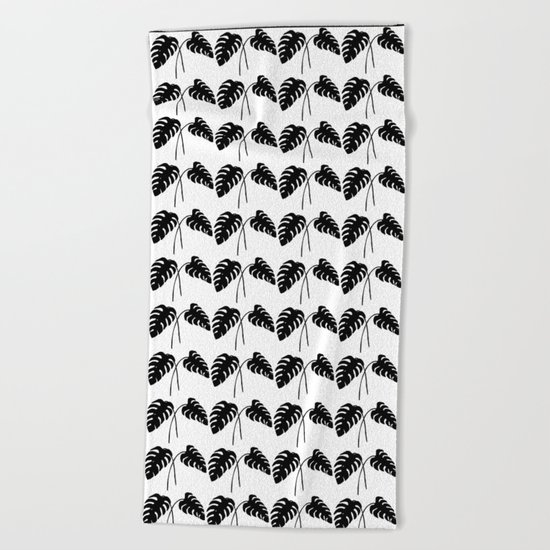 Tropical Monstera Leaves Black on White Beach Towel