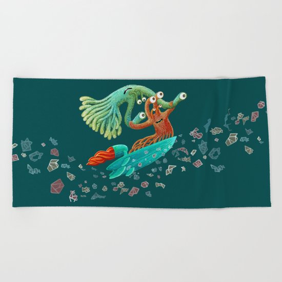 Surfing Monsters Beach Towel