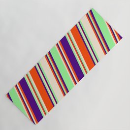 [ Thumbnail: Green, Beige, Red & Indigo Colored Stripes Pattern Yoga Mat ]