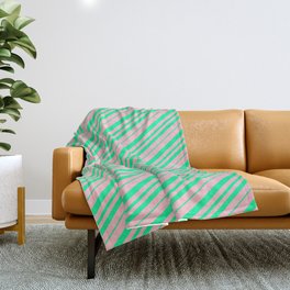 [ Thumbnail: Pink & Green Colored Lined Pattern Throw Blanket ]
