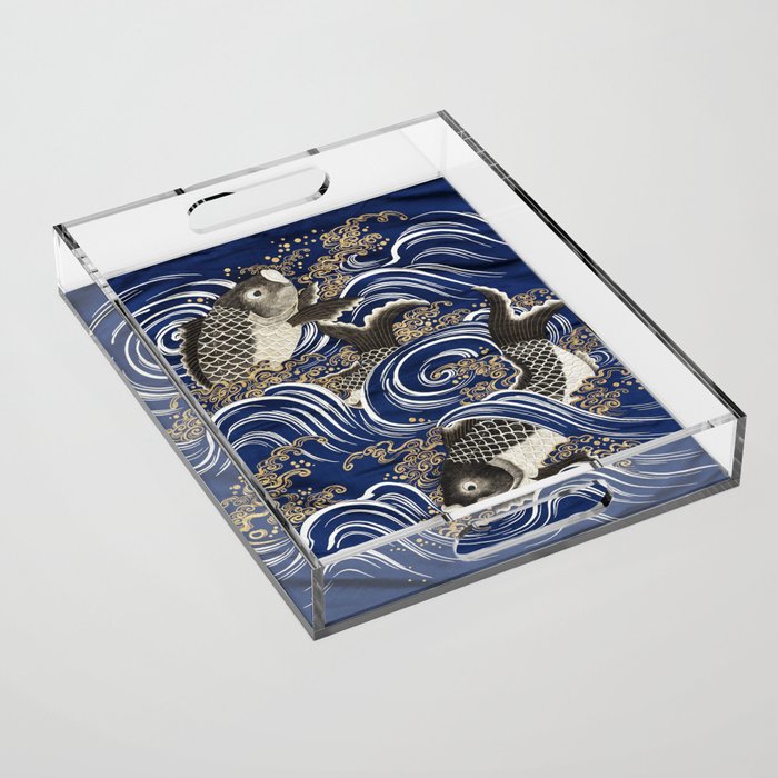 Gift Cover (Fukusa) with Carp in Waves Acrylic Tray