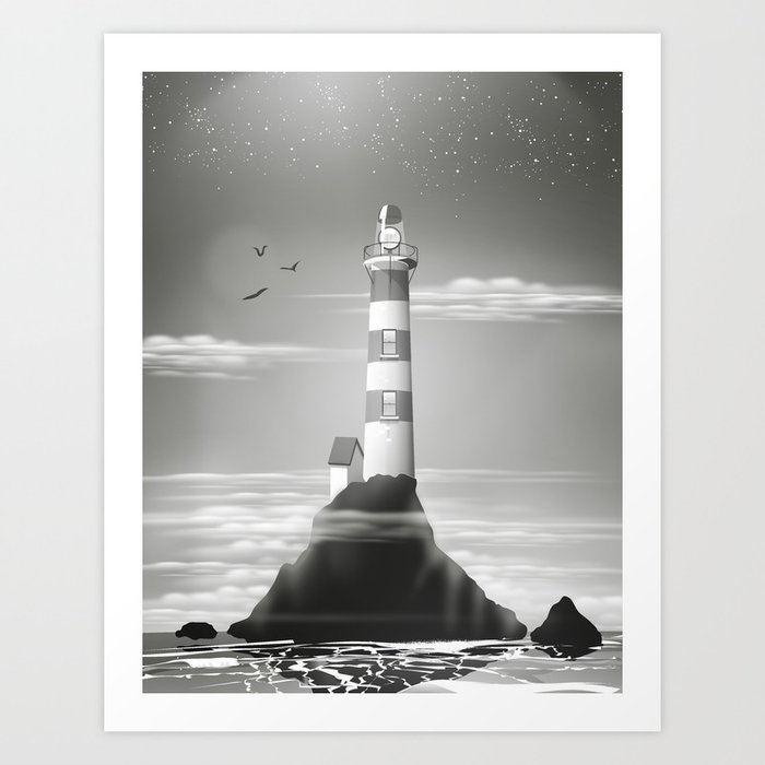 Lighthouse on the rocks Black and white edition. Art Print