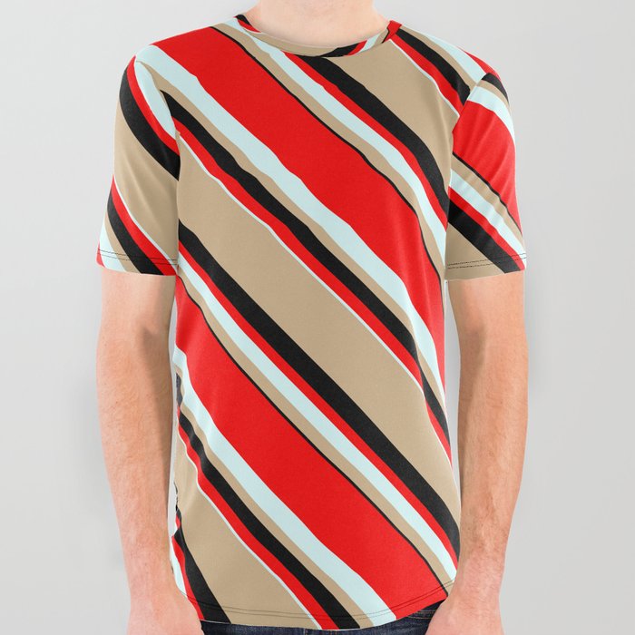 Red, Light Cyan, Tan, and Black Colored Lines/Stripes Pattern All Over Graphic Tee