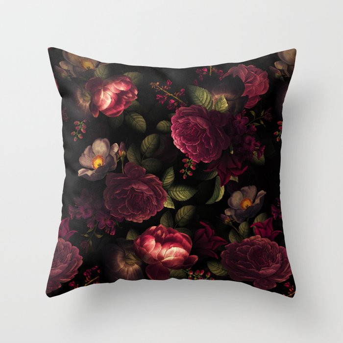 Midnight Vintage Shiny Botanical Rose Garden Throw Pillow