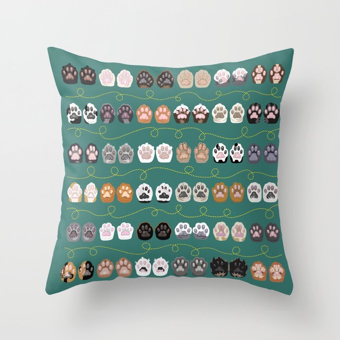 Toe Beans on Green / Cat Paws Throw Pillow