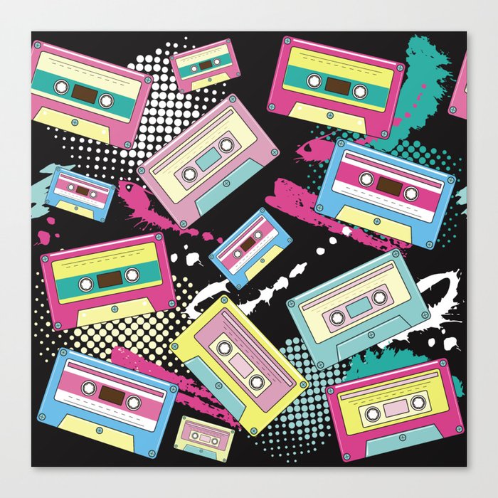 Multi Colored cassettes on a black background seamless pattern Canvas Print
