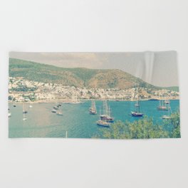 Retro aqua blue sea bay in Bodrum view with sailing boats from St.Peter's Castle Beach Towel