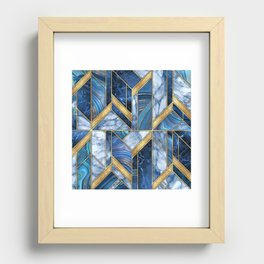Art Deco Gold + Midnight Blue Marble Abstract Geometry Recessed Framed Print