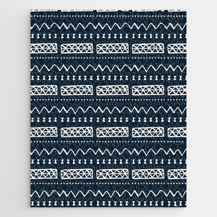 Zesty Zig Zag Bow Dark Blue and White Mud Cloth Pattern Jigsaw Puzzle