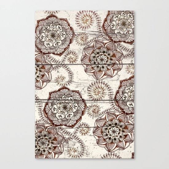 Coffee & Cocoa - brown & cream floral doodles on wood Canvas Print