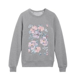 Watercolor of pink and purple flowers with blue leaves Kids Crewneck
