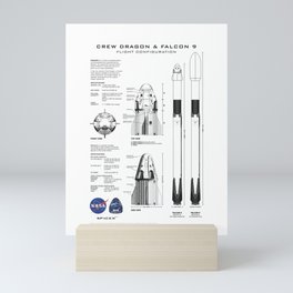 NASA SpaceX Crew Dragon Spacecraft & Falcon 9 Rocket Blueprint in High Resolution (white) Mini Art Print