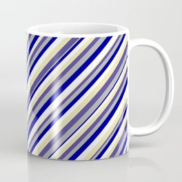 [ Thumbnail: Vibrant Dark Slate Blue, Dark Gray, Dark Blue, White, and Pale Goldenrod Colored Striped Pattern Coffee Mug ]