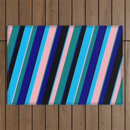 [ Thumbnail: Colorful Deep Sky Blue, Light Pink, Teal, Blue & Black Colored Lined Pattern Outdoor Rug ]
