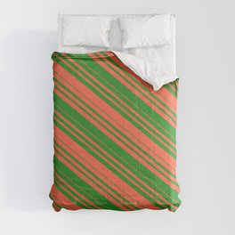 [ Thumbnail: Red and Forest Green Colored Striped Pattern Comforter ]