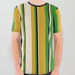 [ Thumbnail: Goldenrod, Beige, Black & Forest Green Colored Striped Pattern All Over Graphic Tee ]