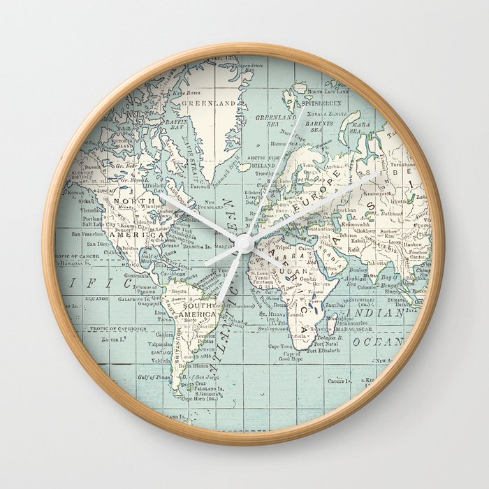 World Map in Blue and Cream Wall Clock