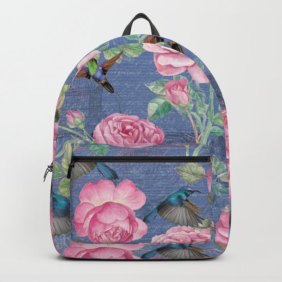 Vintage Watercolor hummingbird and English Roses on blue Background Backpack