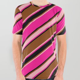 [ Thumbnail: Brown, Light Pink, Deep Pink & Black Colored Stripes/Lines Pattern All Over Graphic Tee ]