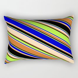 [ Thumbnail: Colorful Light Green, Blue, Tan, Chocolate & Black Colored Lines/Stripes Pattern Rectangular Pillow ]