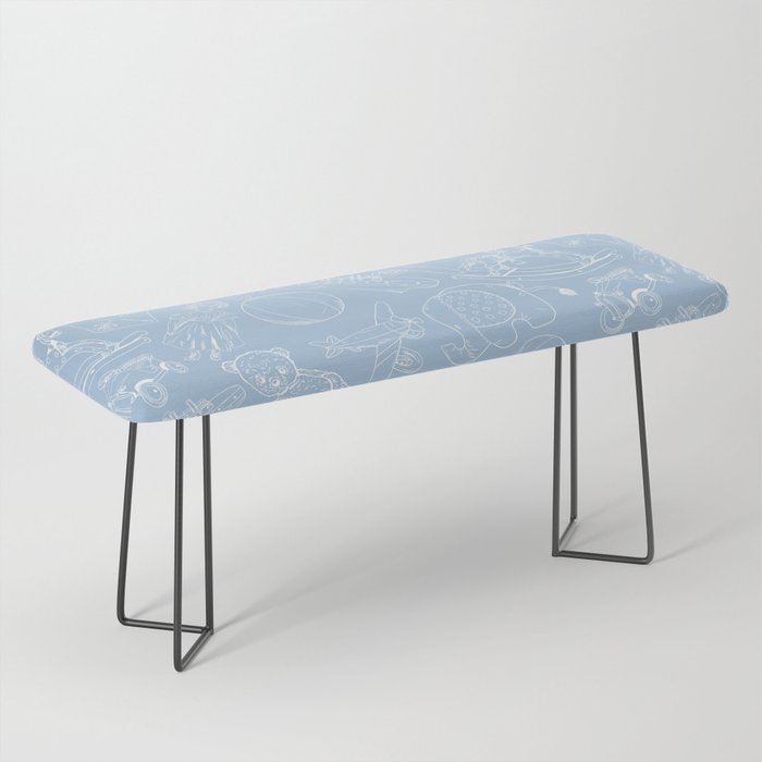 Pale Blue and White Toys Outline Pattern Bench