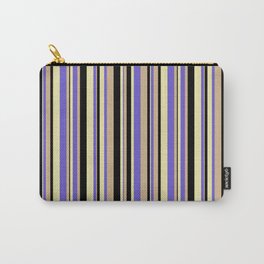 [ Thumbnail: Slate Blue, Pale Goldenrod, Black & Tan Colored Striped/Lined Pattern Carry-All Pouch ]
