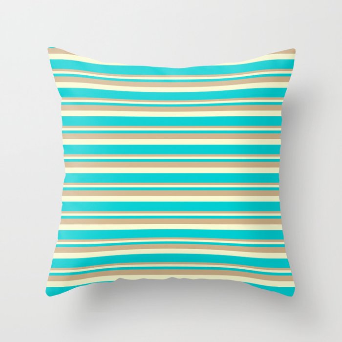 Tan, Light Yellow, and Dark Turquoise Colored Lined Pattern Throw Pillow