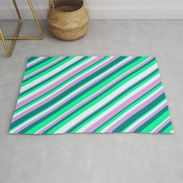 [ Thumbnail: Plum, Teal, Green & Light Cyan Colored Striped Pattern Rug ]