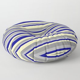 [ Thumbnail: Dark Gray, Blue, Pale Goldenrod, and Gray Colored Striped Pattern Floor Pillow ]