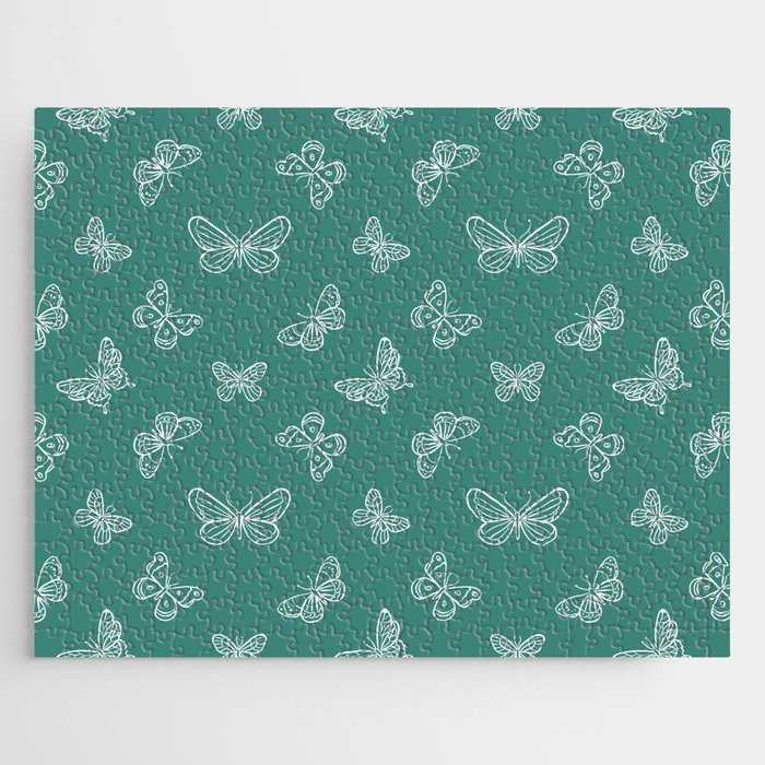 White Butterflies Stencil Seamless Pattern on Green Blue Background Jigsaw Puzzle