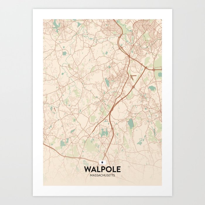 Walpole, Massachusetts, United States - Vintage City Map Art Print