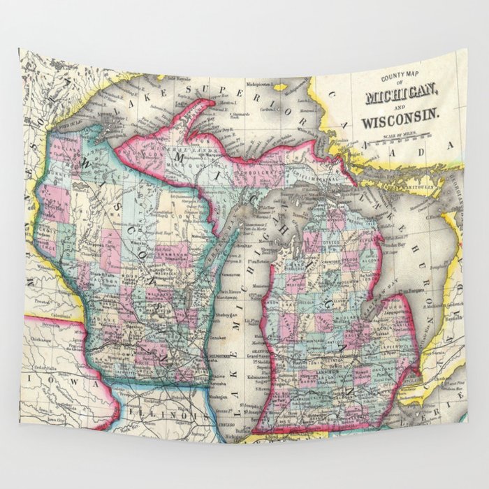 Vintage Map of Michigan and Wisconsin (1860) Wall Tapestry by BravuraMedia  Society6