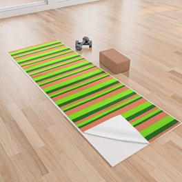 [ Thumbnail: Dark Green, Chartreuse & Coral Colored Lined/Striped Pattern Yoga Towel ]